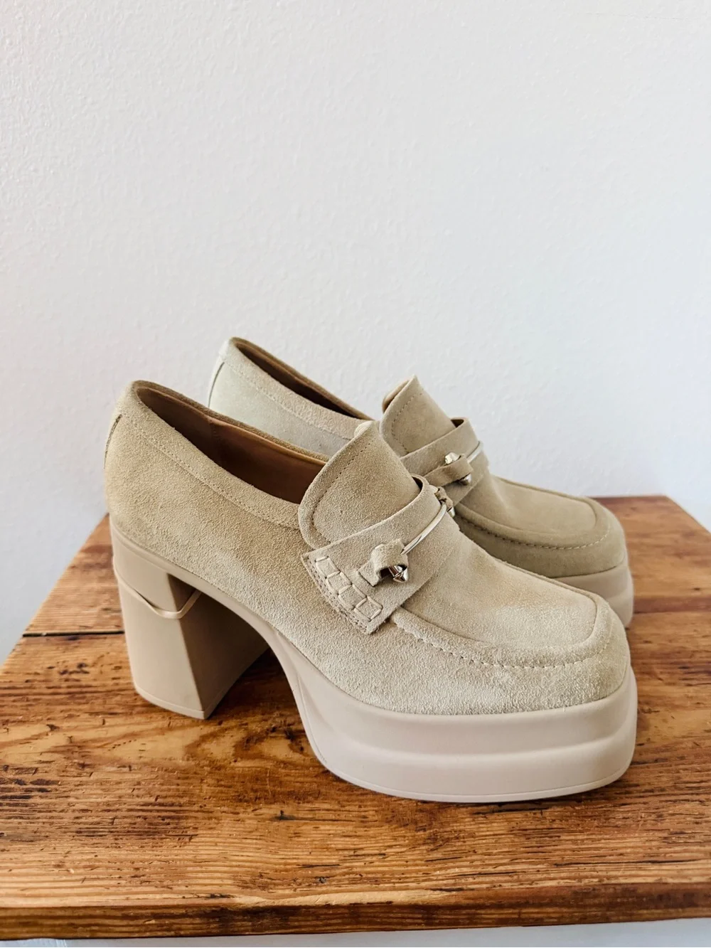 Free People Double Stacked Platform Loafers Tan Suede Horsebit Trim